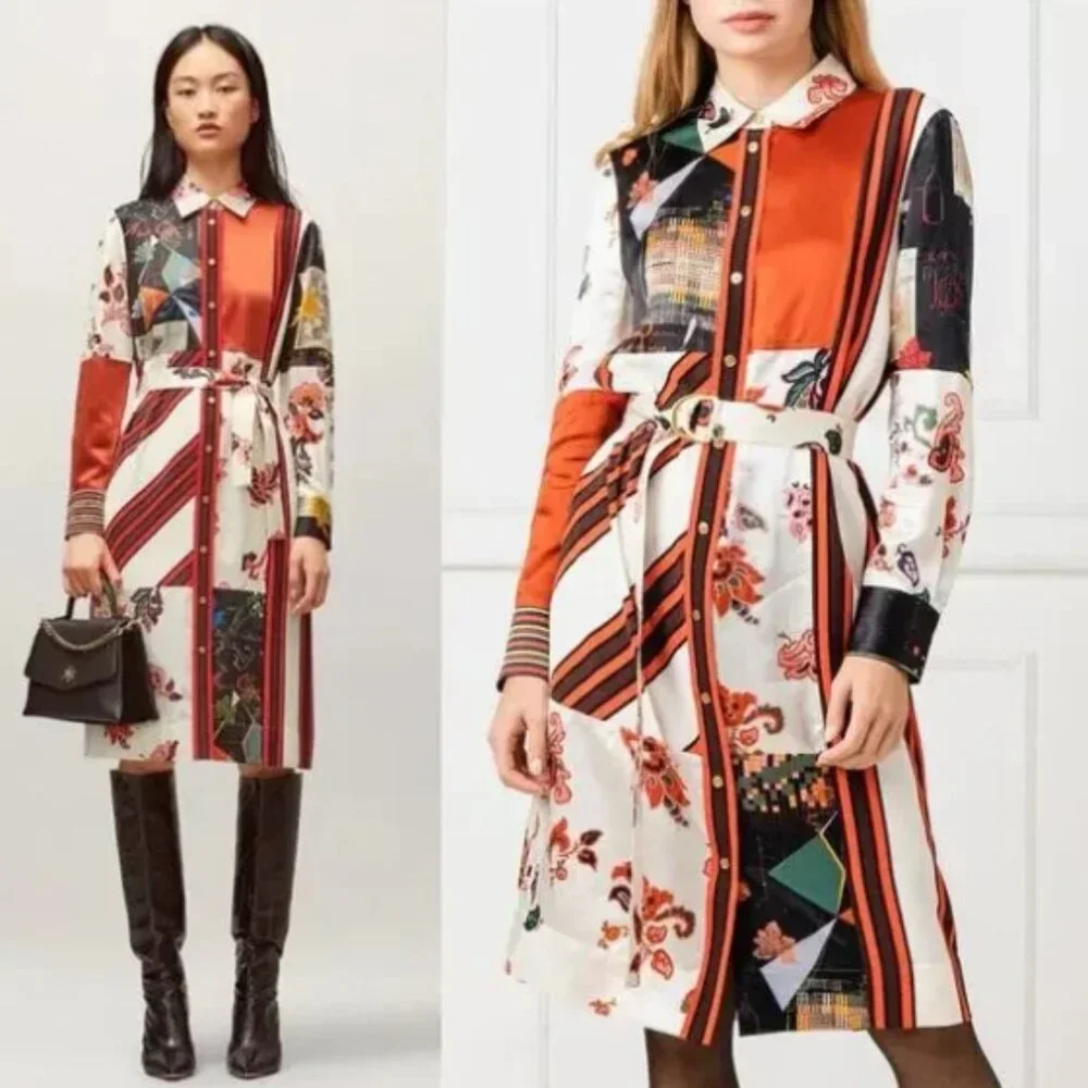 NWOT Tory Burch Printed Patchwork Silk-blend Shirt Midi Dress XS $628
